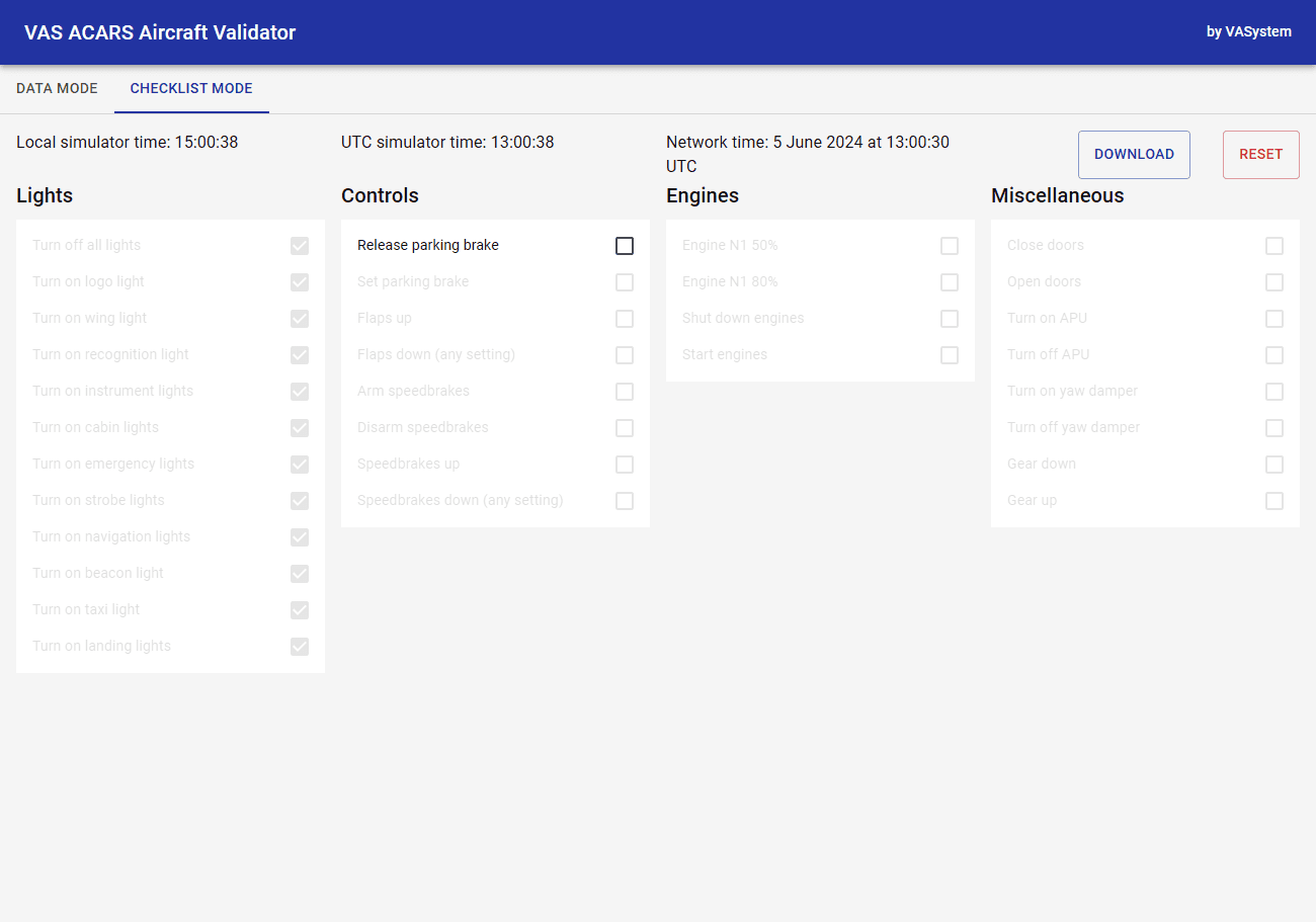 The checklist mode in the aircraft validator