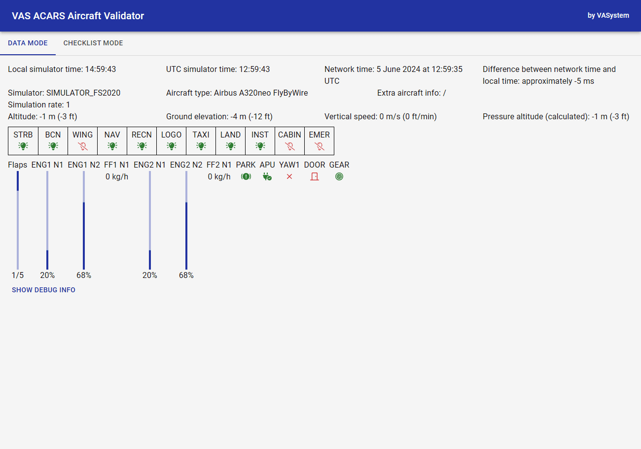 The aircraft overview in the aircraft validator