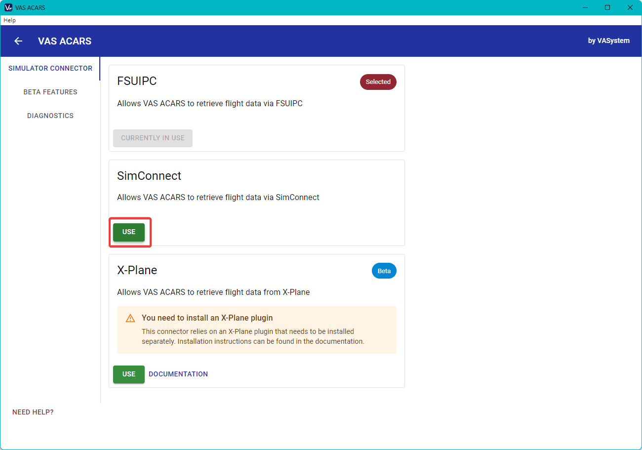 The Use button of the SimConnect connector