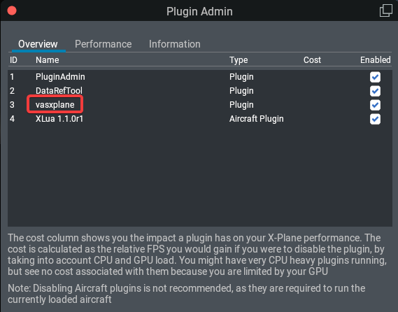 vasxplane should be shown in the Plugins -> Show Plugin Admin dialog